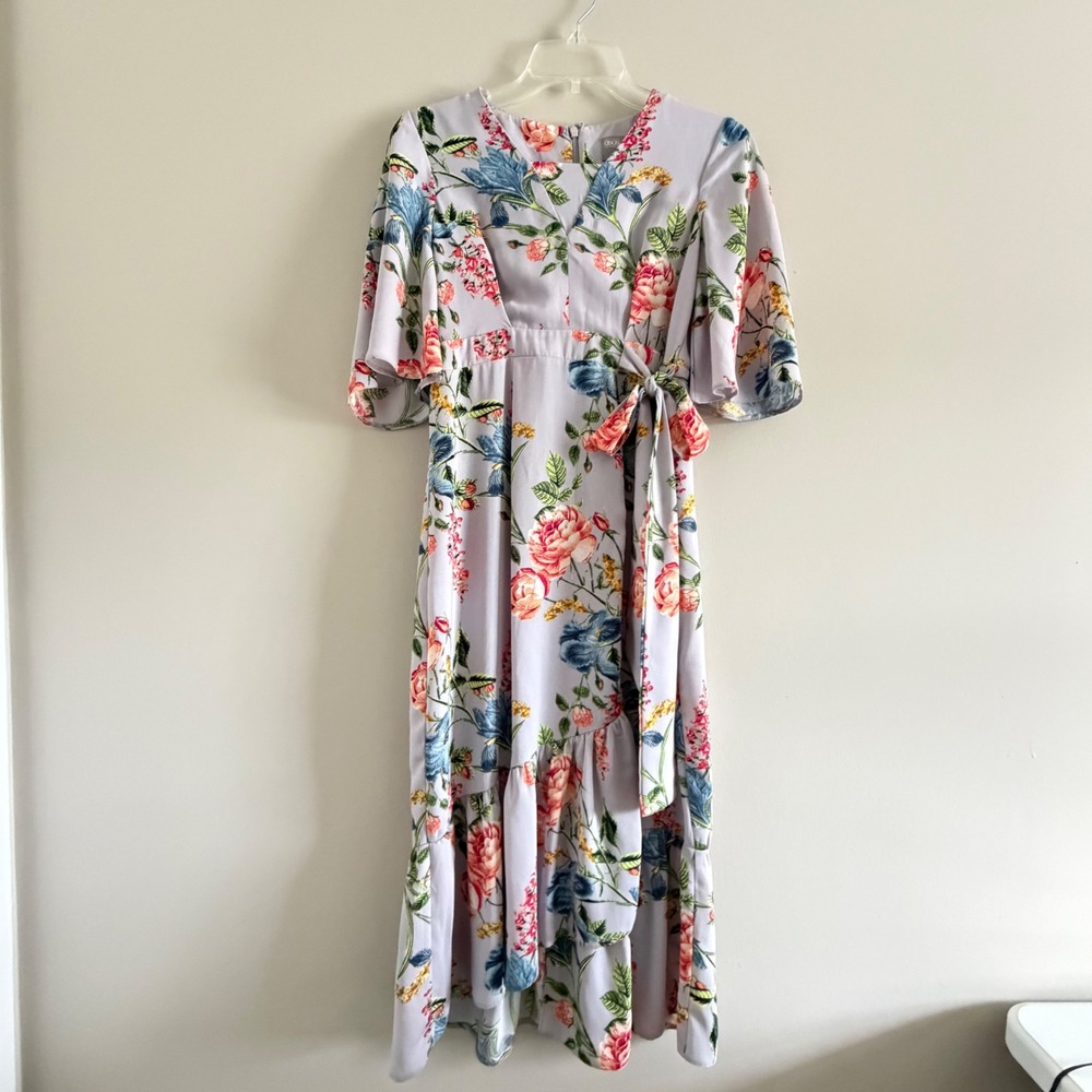ASOS Lavender Floral Flutter Sleeve High Low Midi Dress Size 4 V-Neck Tie Waist